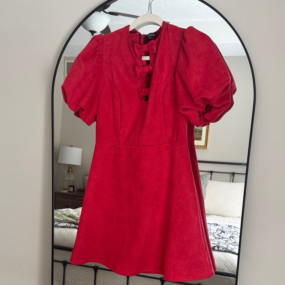Fate Red Suede Style Balloon Sleeve Dress